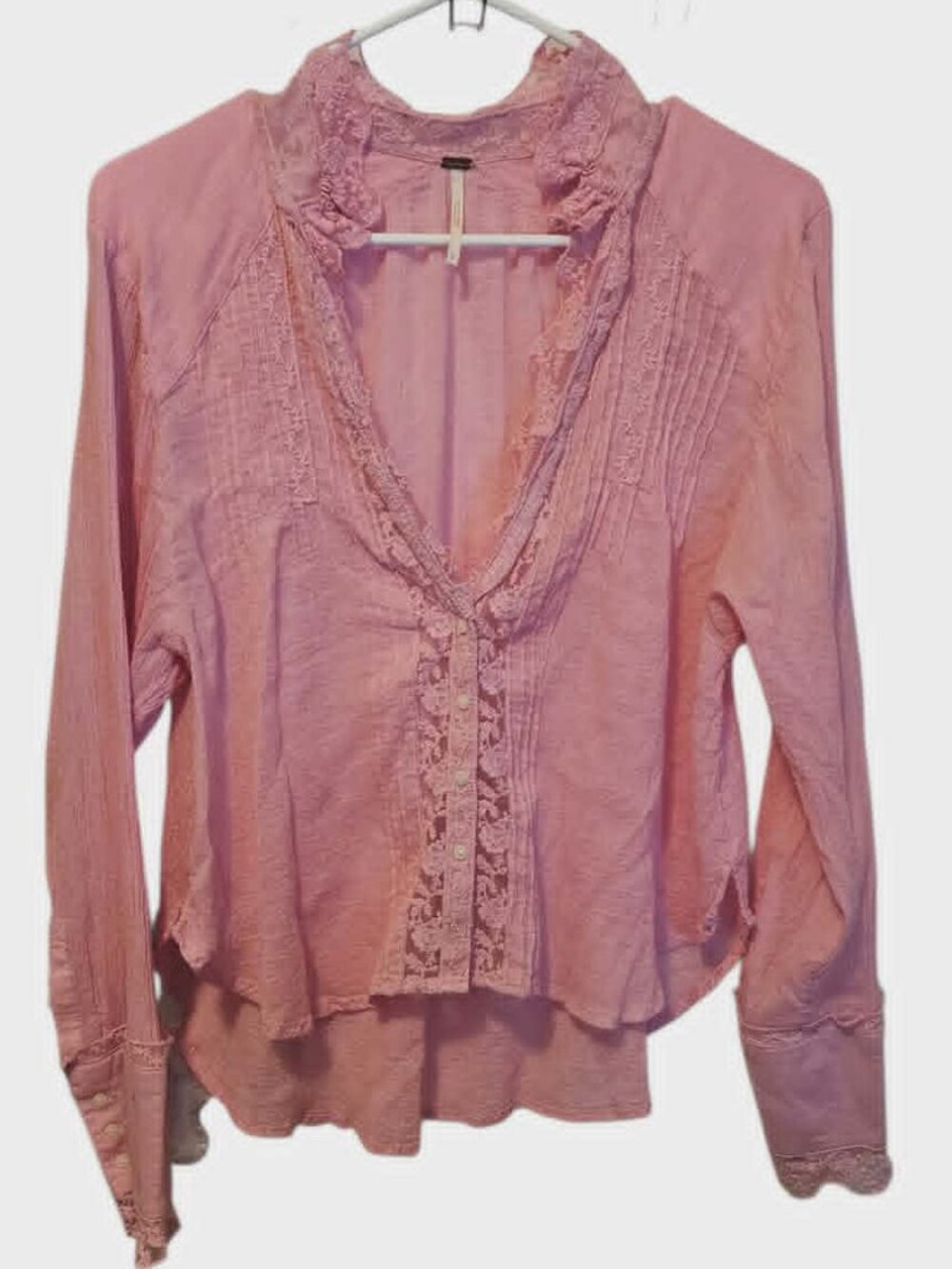 Free People Clemence Pink Lace Ruffle Button Down Blouse Size S(P)